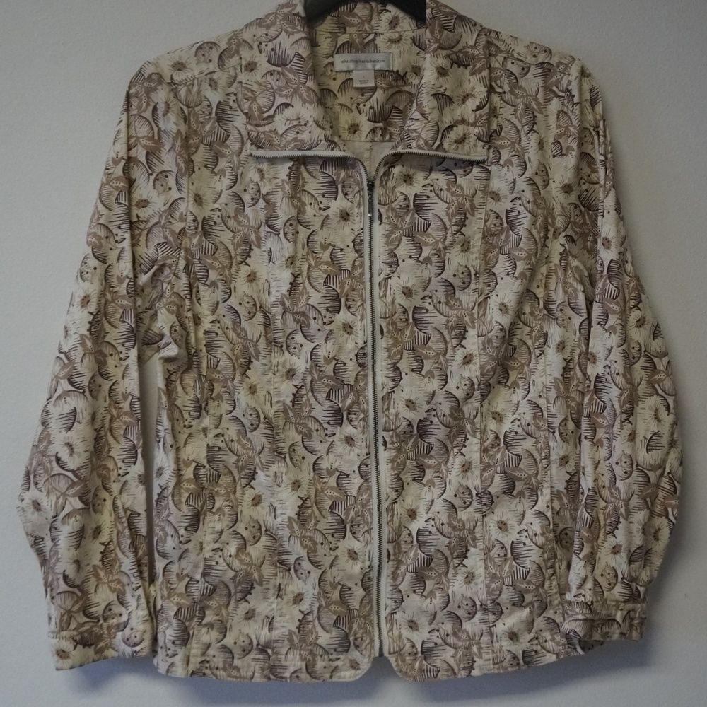 Beige Jacket Brown Leaf Print Zip Sz L